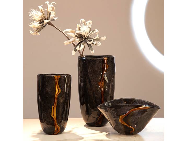 Vase à fleurs rétro noir veiné d'orange, 1 pièce, décoration douce haut de gamme, ornement moderne, accessoire de décoration intérieure