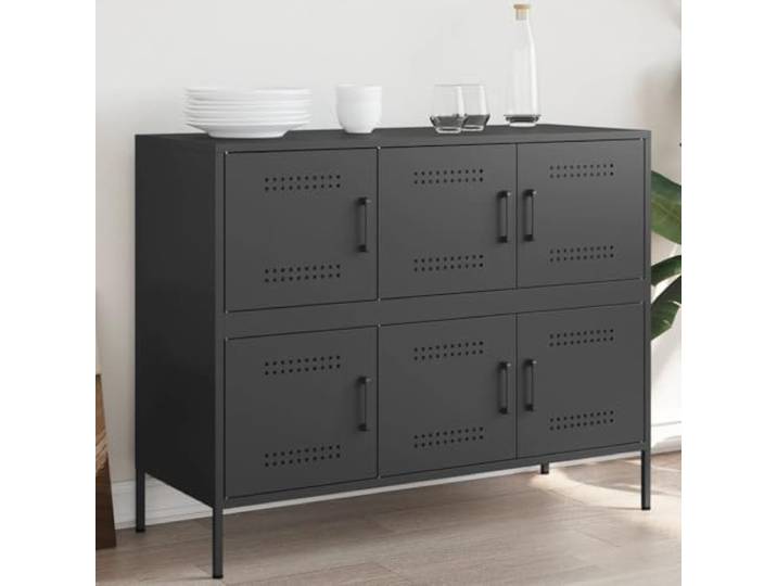 Jkghdrt Sideboard Schwarz 100,5x39x79 cm Stahl Industrie-Design, kaltgewalzter Stahlrahmen, verstellbare Füße, Türen, pflegeleichte Oberfläche
