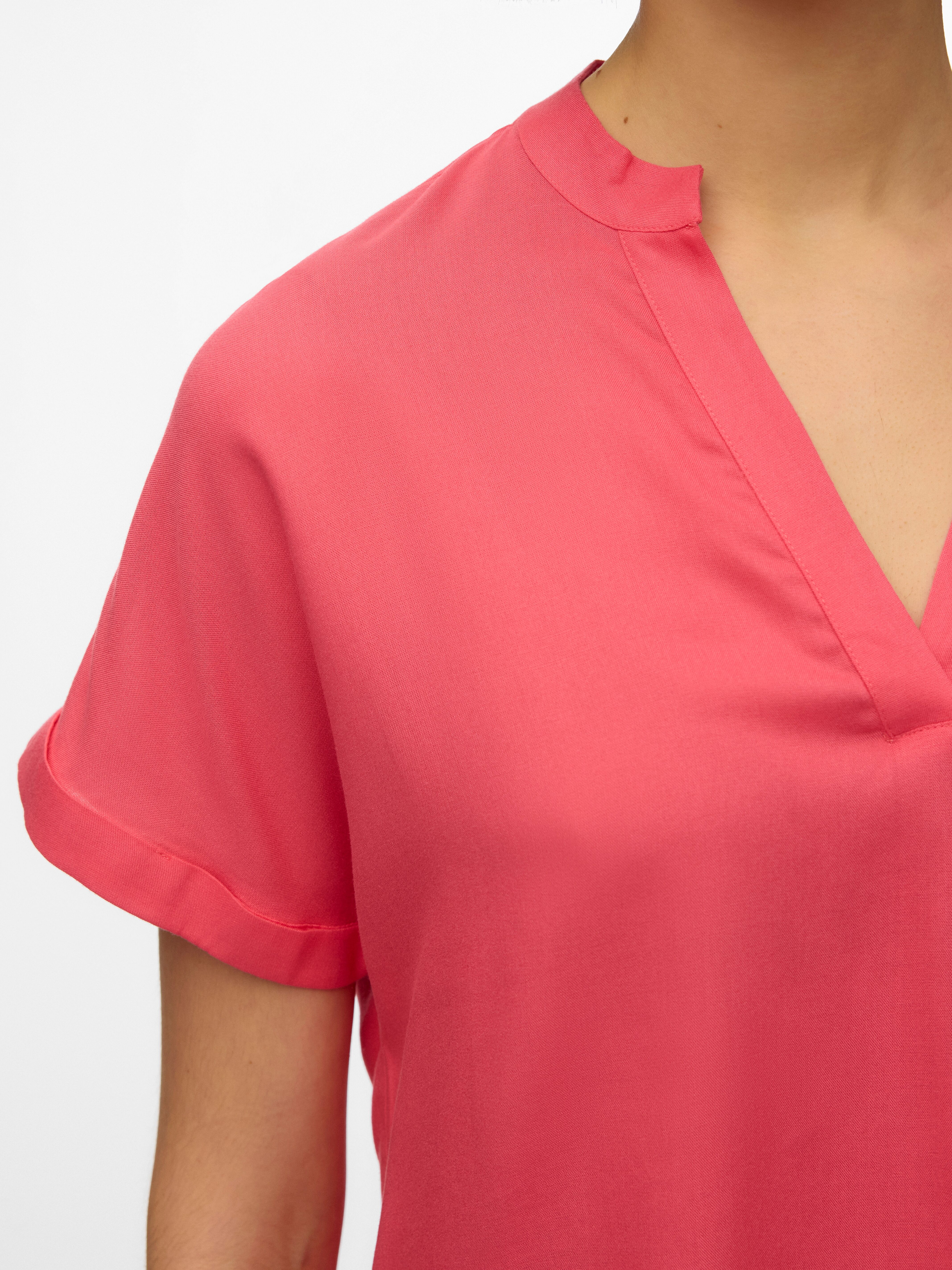 Shirtbluse VERO MODA "VMBEAUTY SS TOP GA NOOS", Damen, Gr. L, pink (coral paradise), Web, Obermaterial: 100% Viskose, unifarben, normal, V-Ausschnitt, Blusen Shirtbluse, Viskose, regular fit coral paradise L