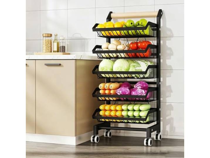 Dexinhdh 5-stöckiges Obst- und Gemüseregal, Obstkorbständer Vertikaler, rollbarer Servierwagen aus Metall für Küche und Vorratsschrank, Snack-Organizer(Black)