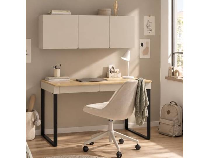 Lomadox Jugendzimmer Set 2-teilig in Beige mit Eiche, Schreibtisch Wandschrank, modern, grifflos, Metallkufen