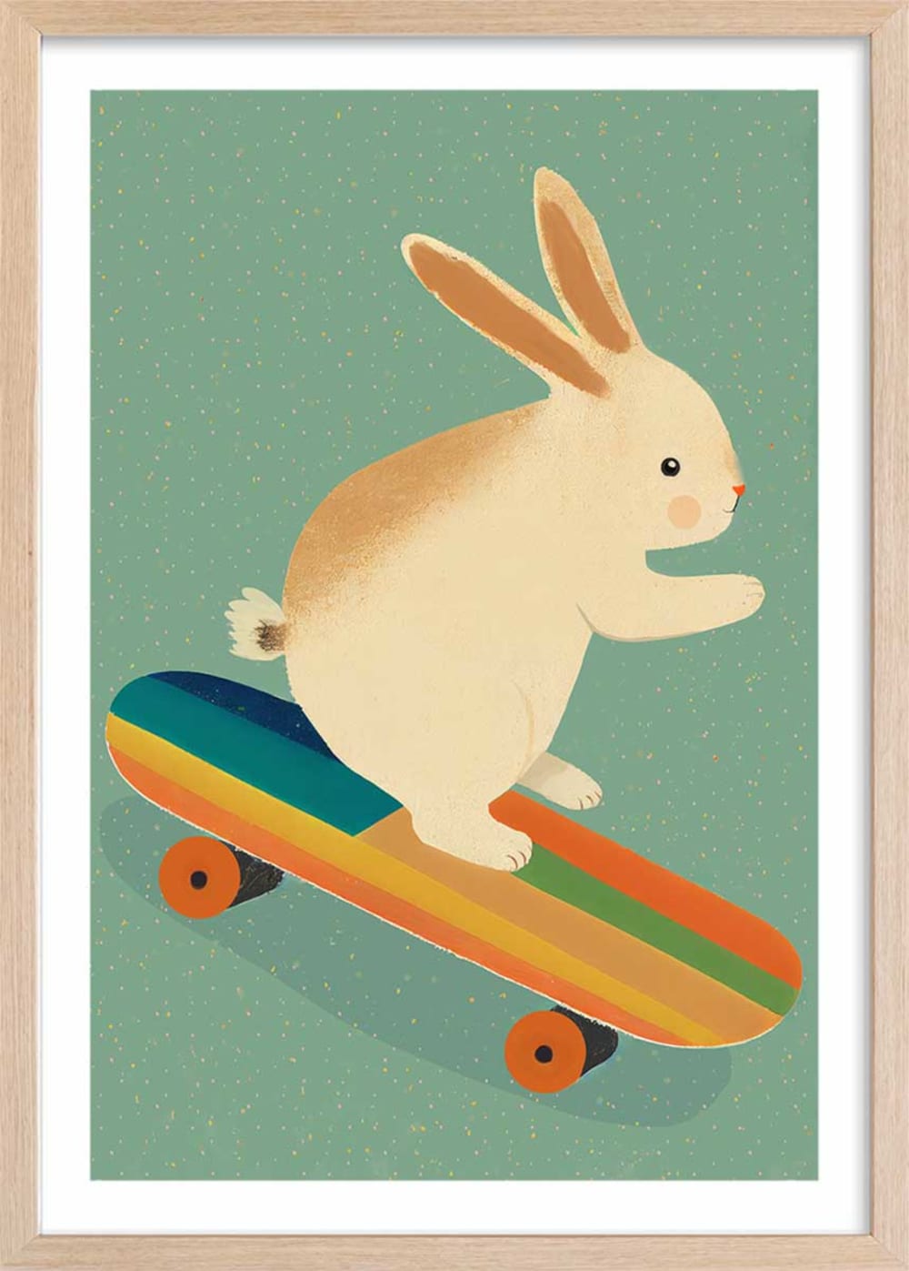 Hexoa Affiche enfant lapin sur skateboard avec cadre bois 40x60 cm Bleu 40x60x2cm