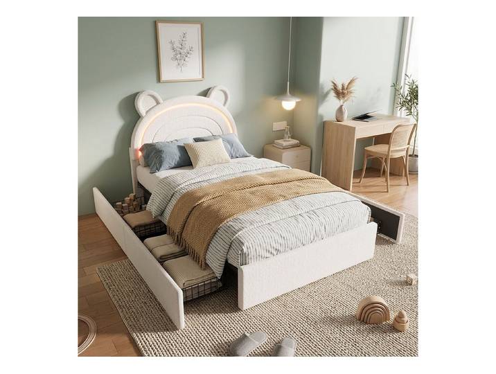 Flieks Polsterbett, Kinderbett 90x200cm mit Bären-Kopfteil, 4 Schubladen, LED-Beleuchtung