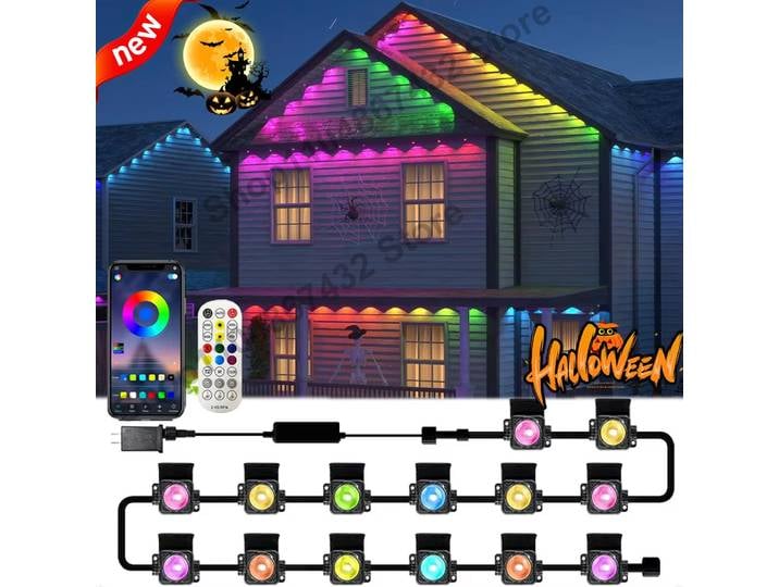 Guirlandes lumineuses extérieures permanentes de 148 pieds, lumières LED RGBIC intelligentes pour les avant-toits avec application/télécommande, éclairage clignotant pour toute la maison, décoration