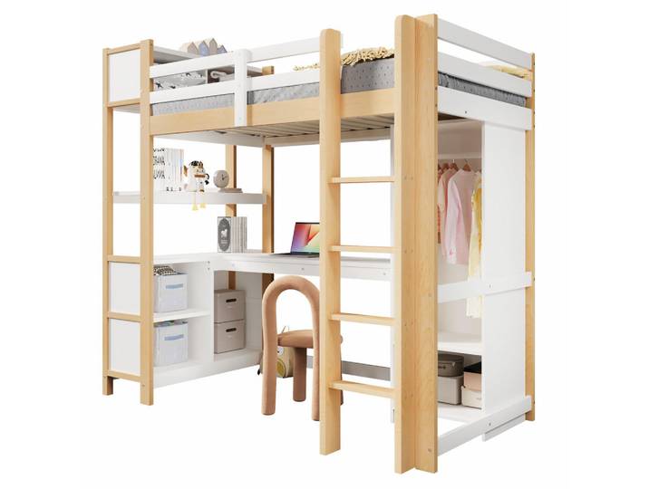 Stilvora Hochbett 90/200 cm in Weiß & Natur mit Regal, Schreibtisch und Kleiderschrank, Weiß, Naturfarben, 90x200 cm, Babymöbel & Kindermöbel, Kinderzimmer & Jugendzimmer, Kinderbetten, Hochbetten