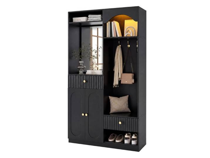 Ensemble de Vestiaire 100x35x180 cm Vestiaire Compact avec miroir banquette garde-robe du couloir Armoire chaussures et crochet noir
