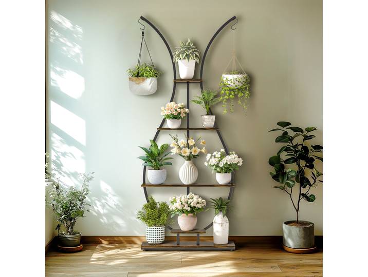 Présentoir de jardinières haut en forme de Vase, support pour plantes de jardin en métal avec 5 niveaux et cintres