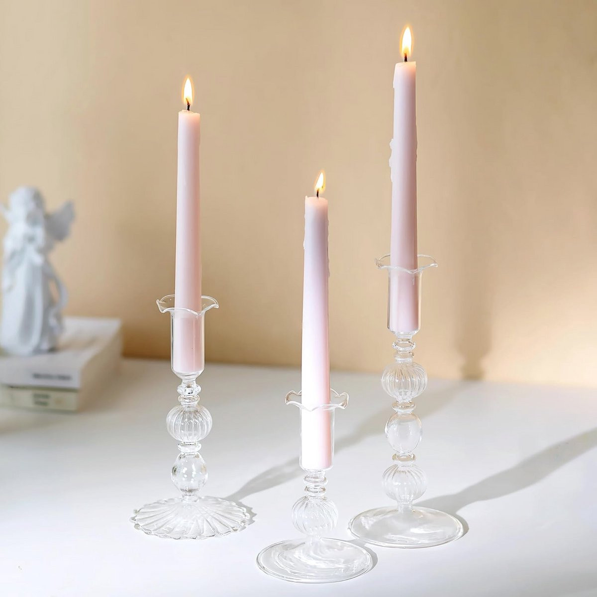 Set van 3 Glazen Kaarsenhouders met Bubble Taper Design voor Decoratie