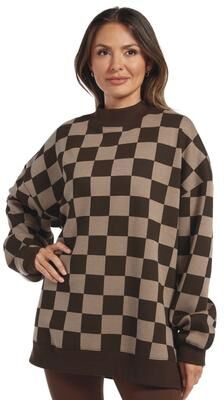Masseys Lifestyle Tunic Casual in Coffee Bean/Walnut/Checker, Size Medium, Cotton/Polyester/Spandex