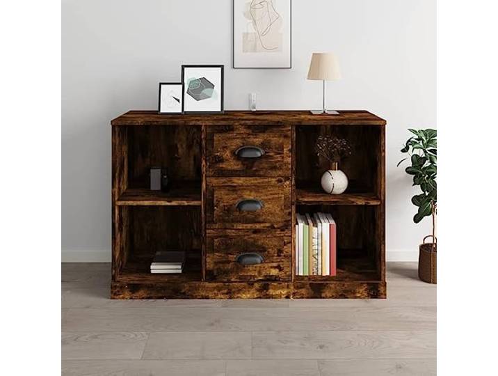 RJPLMFV Anrichte Eiche rauchfarben, 104,5 x 35,5 x 67,5 cm, Holz Geräumige Aufbewahrung, Oberseite für Dekoration, Wandbefestigung inklusive, feuchtigkeitsbeständig