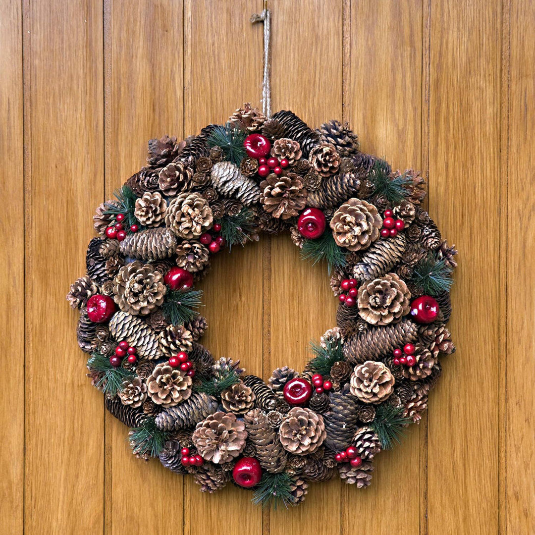 The Seasonal Aisle Christmas Hanging Wreath Large - Festive Pine Cone Display with Red Berries Green 48cm x 48cm