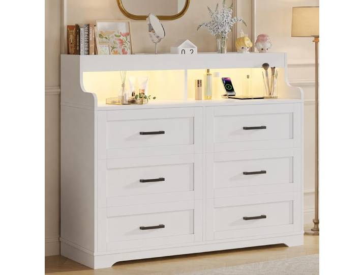 Buffet de salon - URBANLUXE - Buffet Moderne - 6 tiroirs - 3 étagères - Éclairage LED