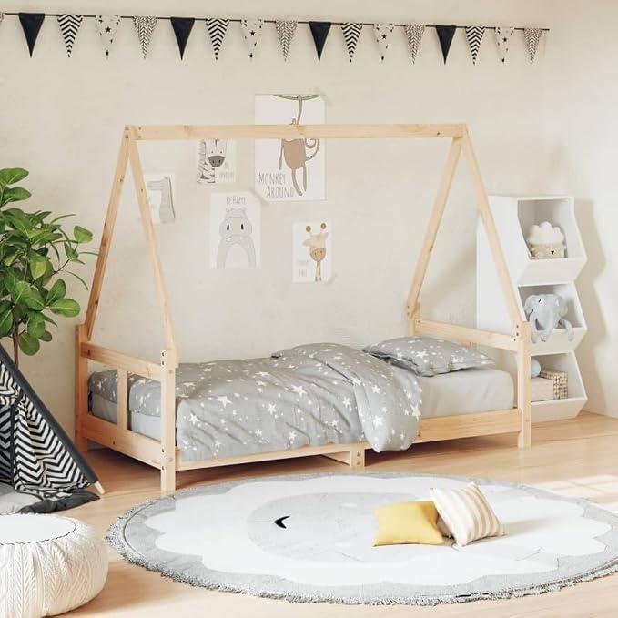 Kinderbett 80x160 cm Massivholz Kiefer Hausbett mit Lattenrost Gitterbett Kinderzimmer Schlafplatz niedrige Höhe für Kinder ab 4 Jahren stabiles Bettgestell mit rustikalem Look