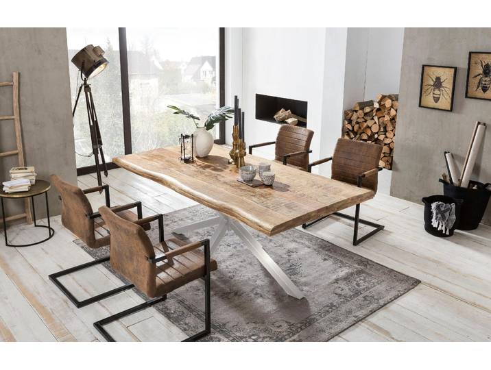 Esstisch, Massivholz Mango, Silber & Natur, 180×90 cm, Mit Baumkante, Vintage, SIT-Möbel