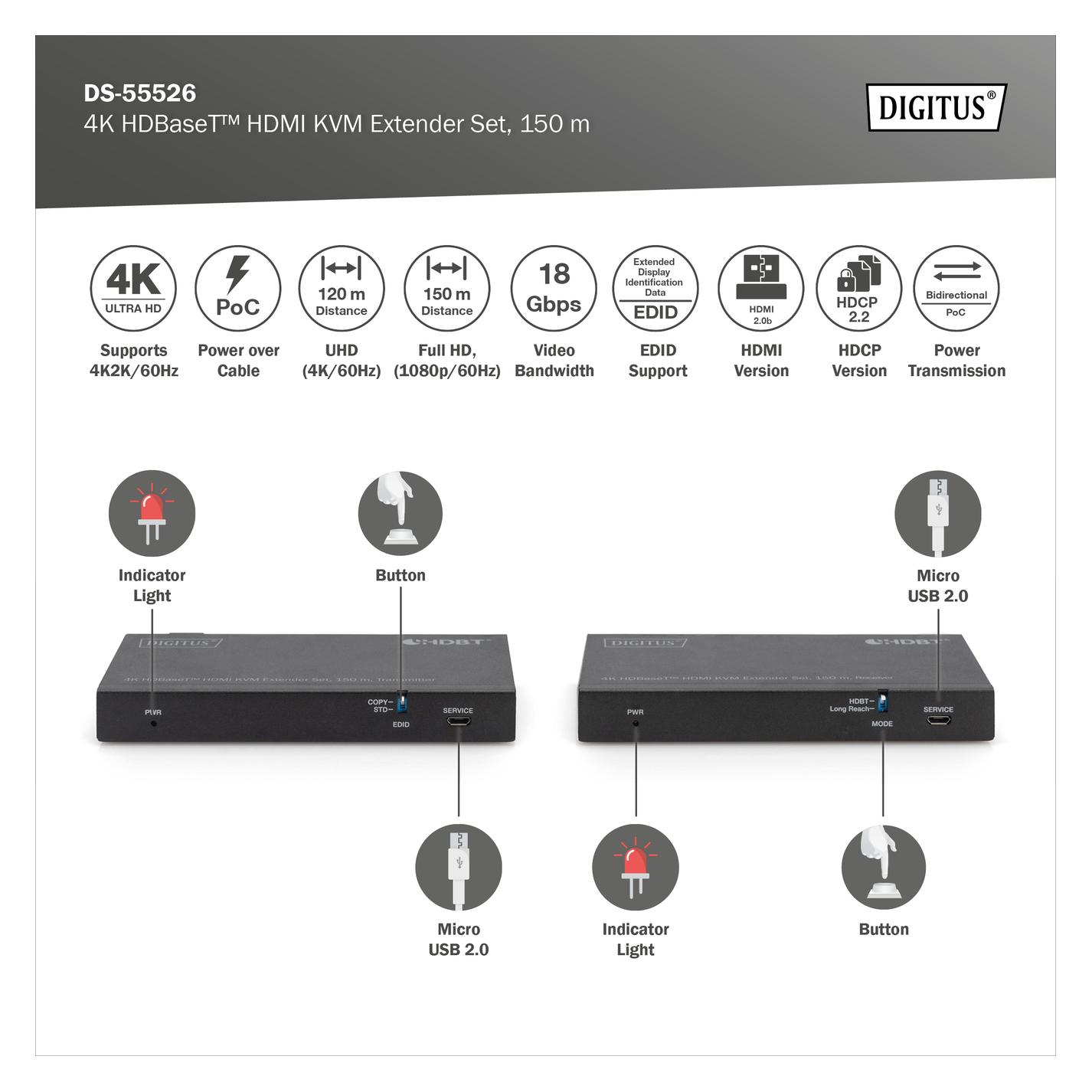 Digitus 4K HDBaseT HDMI KVM Extender Set, 150 m (DS-55526)