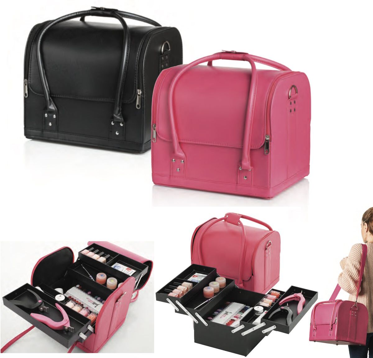 Borsa per estetista Mia Bag eco pelle impermeabile con tracolla, scomparti, per trasporto articoli manicure nails Nero