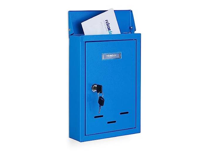 Relaxdays wandbrievenbus met naambordje, metaal, 2 sleutels, brievenbus, wandmodel, 30,5 x 21 x 7 cm, blauw