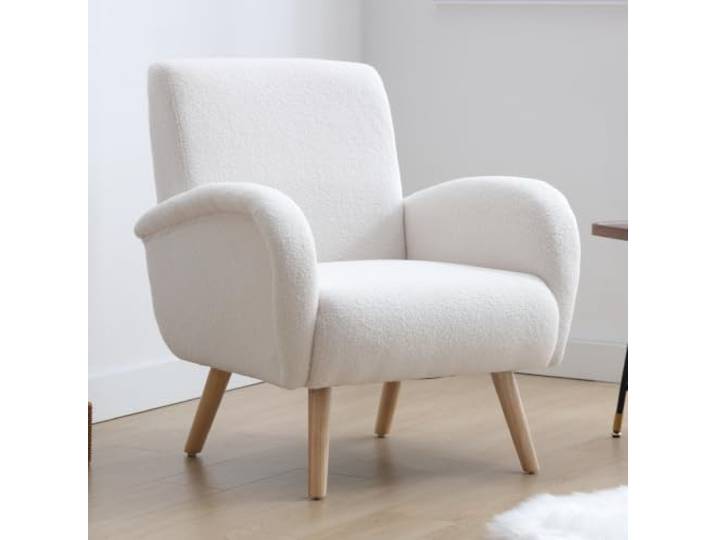 Ya-Home Sessel Wohnzimmer Loungesessel aus Kunstfell Polstersessel mit Holzbeinen, Clubsessel Sofa für Wohnzimmer/Schlafzimmer, Weiß