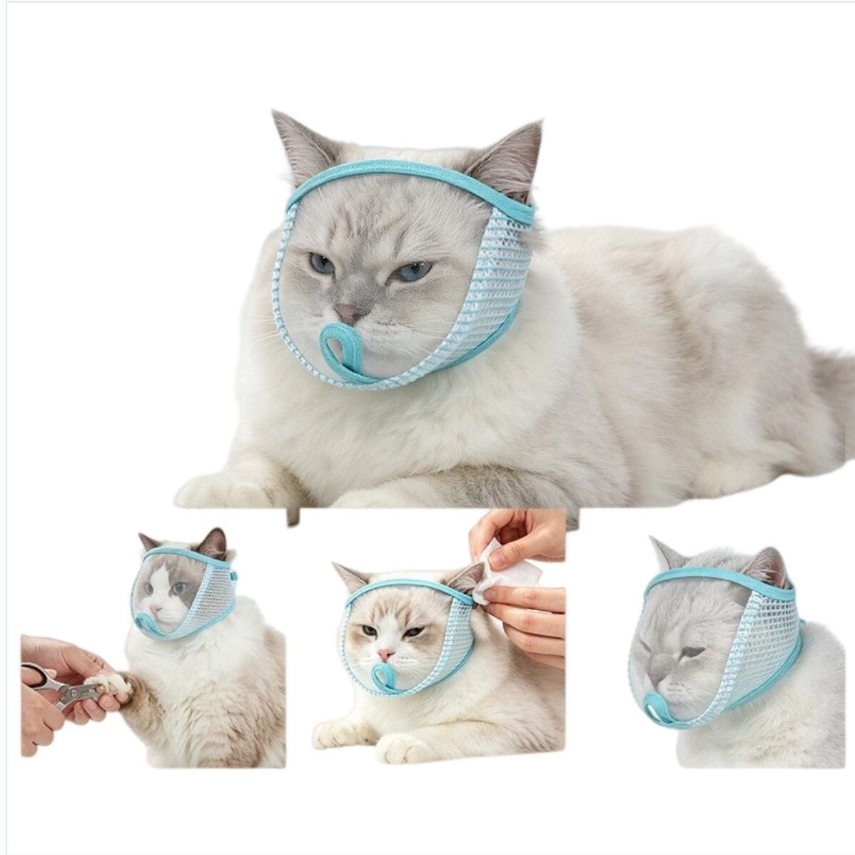 INF Atmungsaktive Haustier-Gesichtsmaske für Katzen, Anti-Beiß-Mesh-Abdeckung für Fellpflege, Reinigung und Baden L Blau