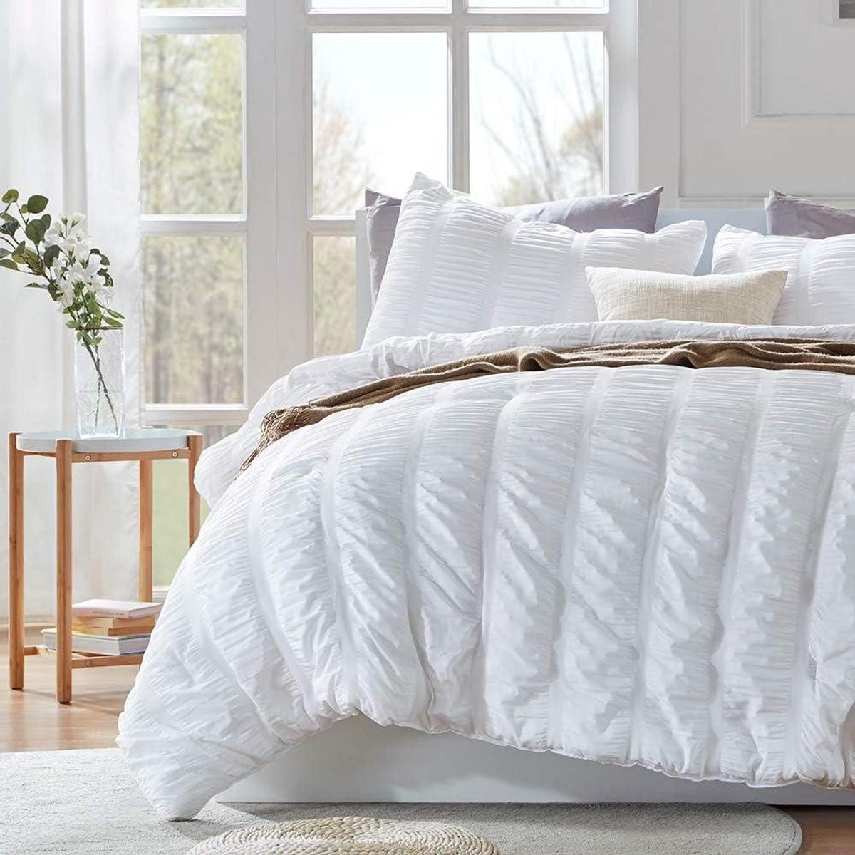 Wit Seersucker Dekbed Set van Microfibre - Lichtgewicht All Seasons - Full/Queen