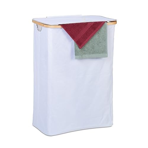 Relaxdays Wasmand met deksel 105 l, bamboe en textiel, wit/bruin
