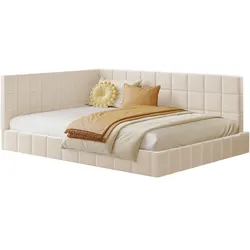 OKWISH Polsterbett Tagesbett Schlafsofa Mid-Century-Modern mit Lattenrost, Weiches Kopfteil, Stabil & Komfortabel 140x200 Beige