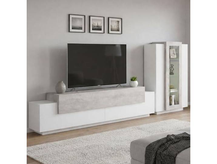 Dmora - Ausgestattete Wand Mirko, TV-Ständer-Wohnzimmerset, Mehrzweck-Wohnzimmermöbel, 100 % Made in Italy, 280 x 45 x 121 cm, glänzendes Weiß und Beton,
