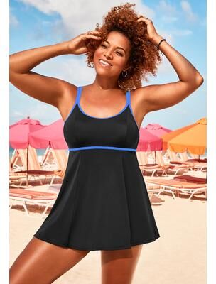 Plus Size Women's Lingerie Strap Swimdress by Swimsuits For All in Black Bright Royal (Size 22)