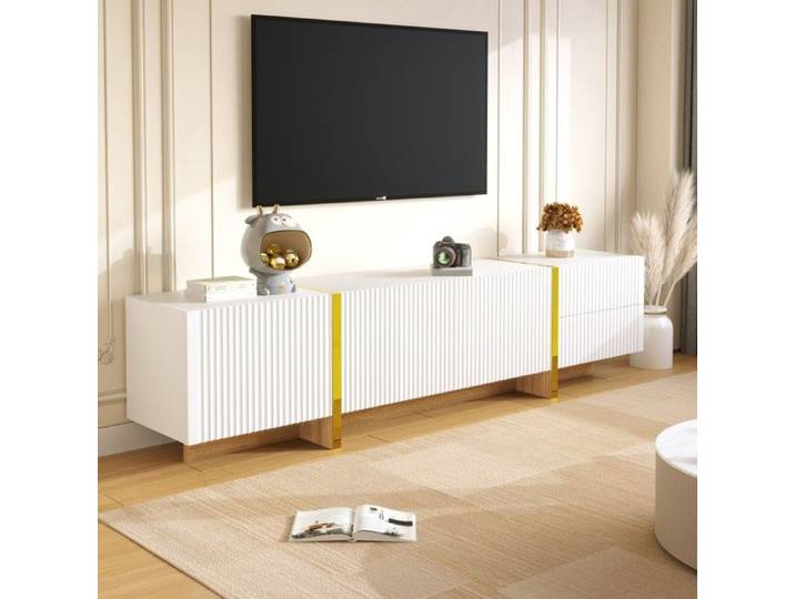 Meuble TV Blanc 190cm 3 Portes 2 Tiroirs Finitions Dorées Veinage Bois Design Élégant et Fonctionnel