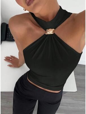 Daily Discovery Metal Ring Halter Neck Crop Top For Women Twist Knot Slim Fit Crop Top Sleeveless Office & Casual Tank black m