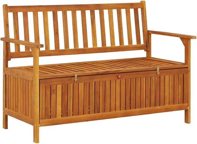 Gartenbank mit Stauraum aus massivem Akazienholz 120 cm breit mit Rückenlehne und Armlehne wetterfest für Terrasse Balkon und Wintergarten als Bequeme Sitzgelegenheit Outdoor