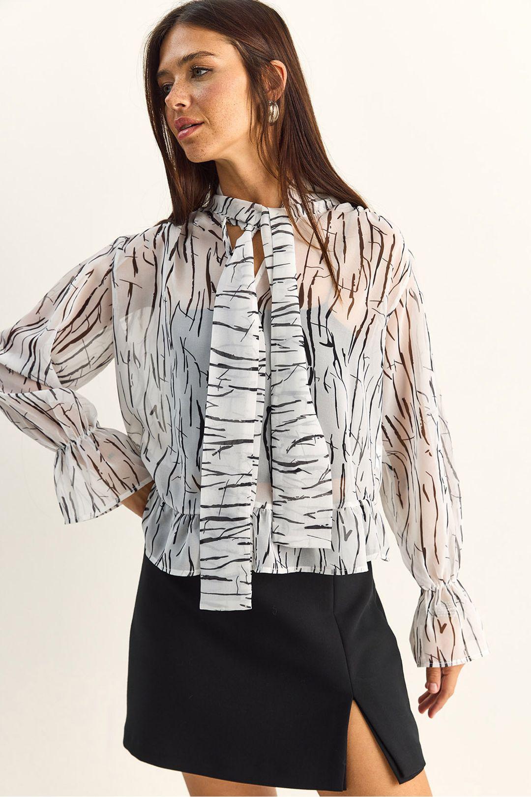 Abstract Print Choker-Kragen Chiffon-Bluse mit Bindung