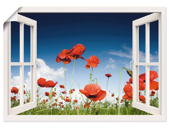 Poster ARTLAND Fensterblick Feld mit Mohnblumen , weiss (farbe bild(er): weiß), B:70cm H:50cm, Bilder, Poster, ohne Rahmen