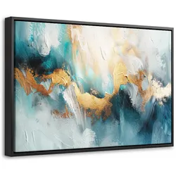 LEINWAND Bilder mit Rahmen - Abstrakt - Kunst - Gold - Blau - 60x40