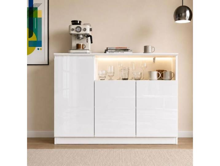 Buffet FUFU&GAGA moderne avec éclairage LED 3 couleurs 3 portes et 1 compartiment Salon 120x40x81.6 Blanc brillant