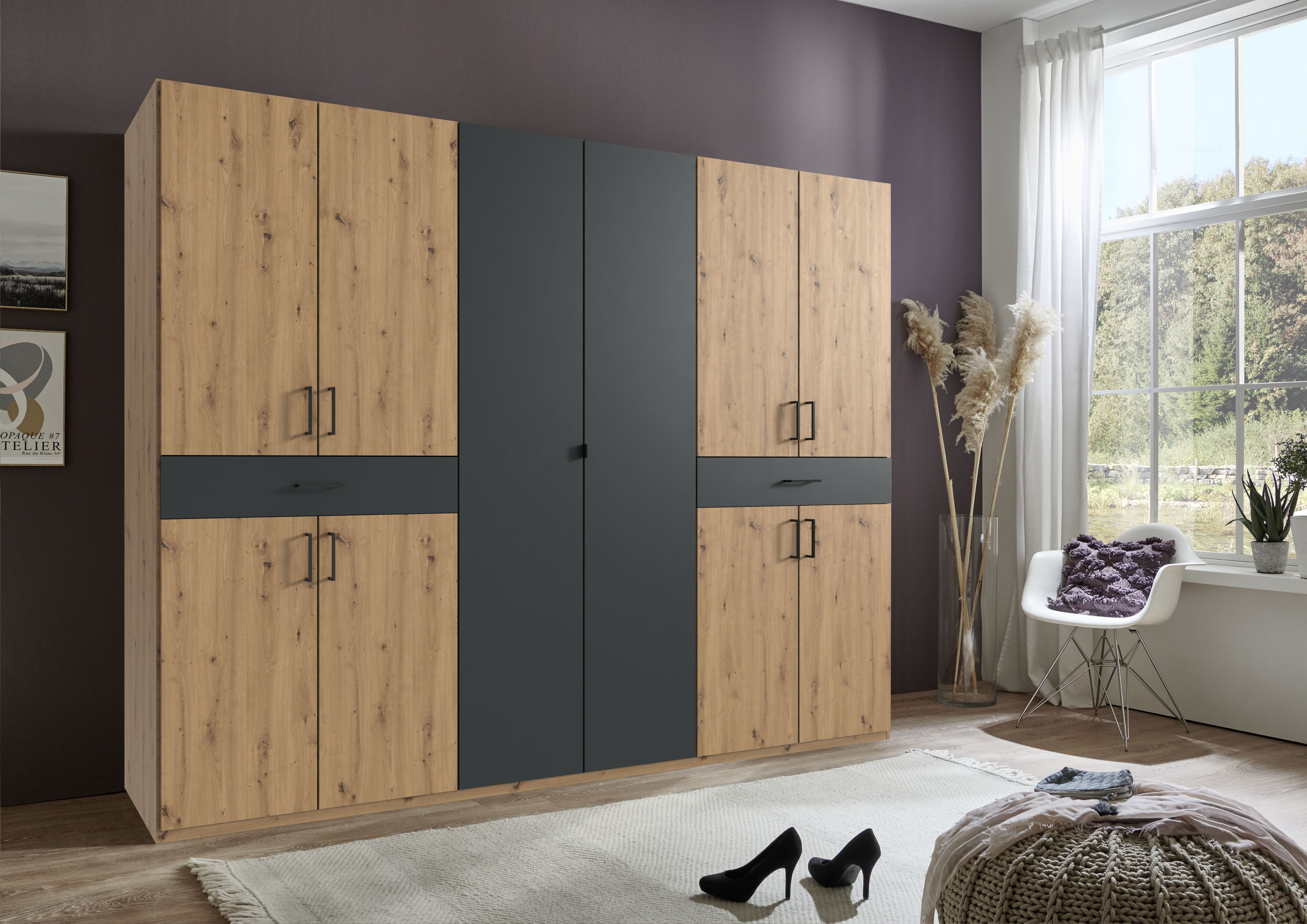 Drehtürenschrank WIMEX "Tibet Kleiderschrank mit sehr viel Stauraum, grosse Farbauswahl", grau (artisan eiche nachbildung, absetzung graphit), B:270cm H:208cm T:58cm, Holzwerkstoff, Schränke, Drehtürenschrank, mit jeweils 2 Schubladen auf bequemer Zugriff