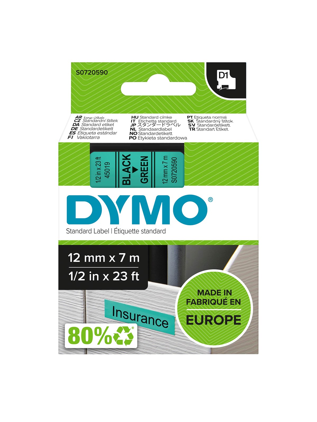 DYMO D1-Etikettenband | schwarz auf grün | 12 mm x 7 m