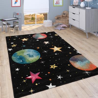 Paco Home Kids Universe Rug with colored Planet Earth and Stars Space in Black