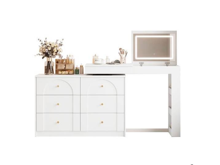 Coiffeuse Moderne avec éclairage LED 7 Tiroirs Table de Maquillage Pivotante Vanité Elégant Blanc 105x40x80cm