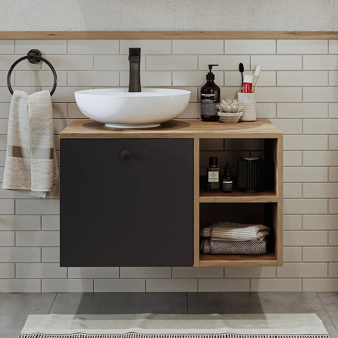 Ebern Designs Rosaliyah Bathroom Vanity Unit with Ceramic Washbasin 75cm Anthracite/Oak 75mm W