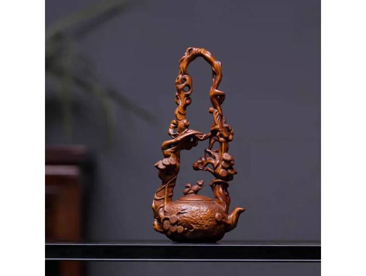 Sculpture de théière en buis sculptée à la main, Figurine de théière en bois de Style Antique de 4.7 pouces, Sculpture sur bois de salon chinois