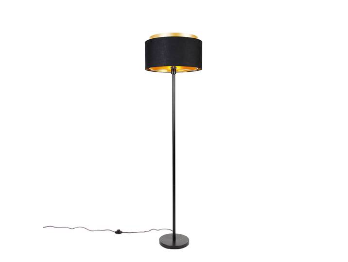 Lampadaire moderne noir avec abat-jour noir avec intérieur doré -