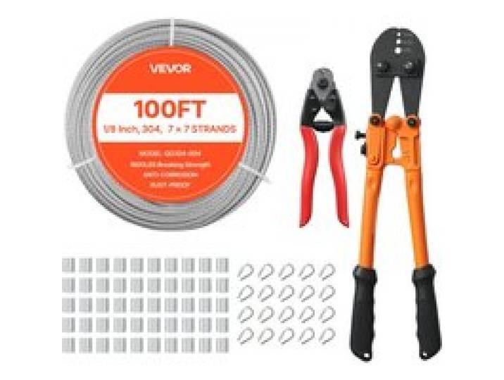 VEVOR roestvrijstalen staalkabel φ3,2 mm 30,5 m lengte, staalkabel gemaakt van roestvrij staal 304 met een breeksterkte van 7,1 kN, 7x7 strengen, staalkabel voor terrasleuningen, tuinhekken, incl. krimptang.