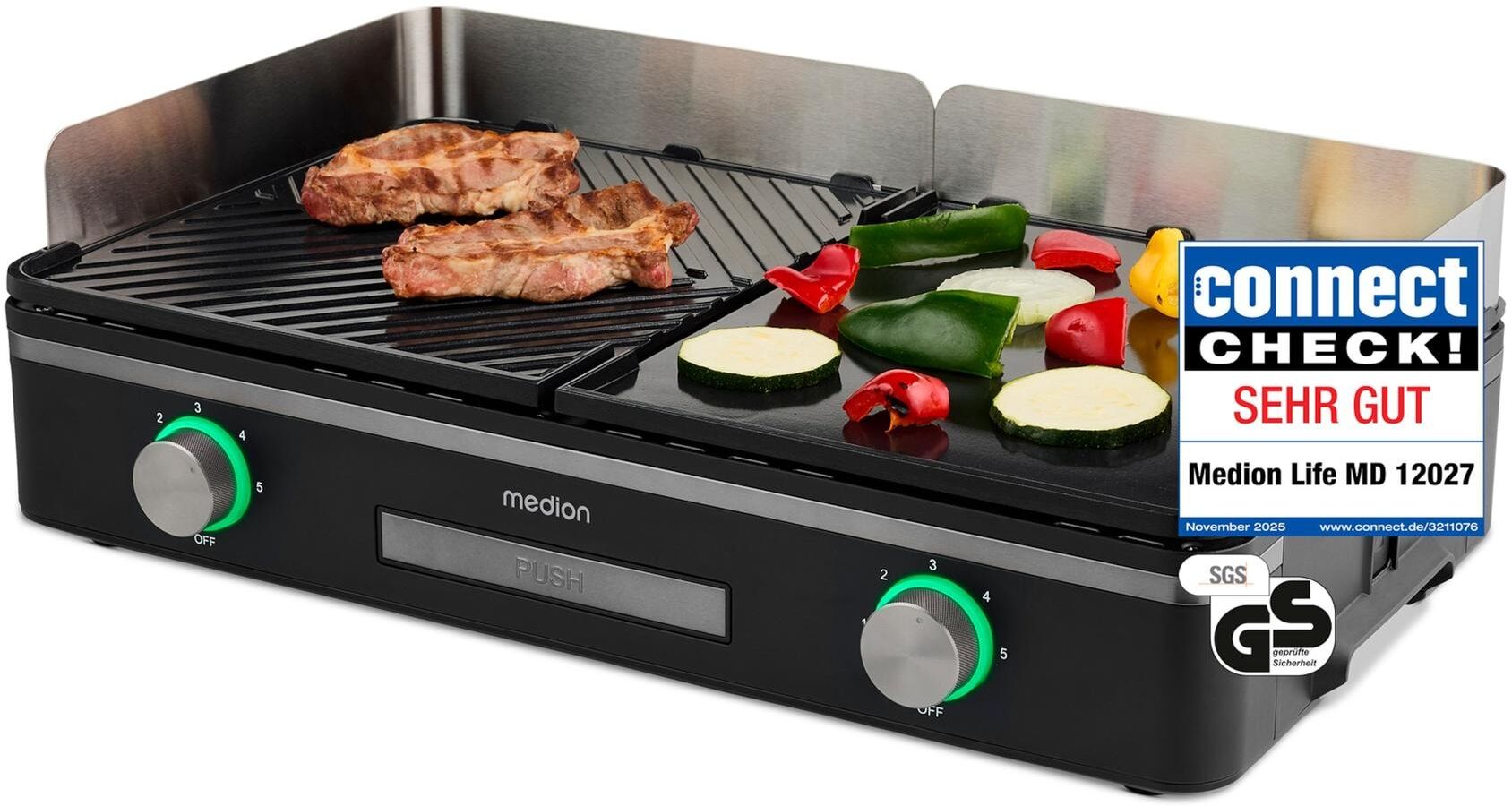 Tischgrill MEDION "MD12027, mit Dual-Zonen-System, 2,400 Watt, 2 abnehmbare Platten", schwarz (schwarz, edelstahl), B:52,1cm H:10,2cm T:28,4cm, Kontaktgrill_Standgrill_Tischgrill_Teppanyakigrill, Tischgrill, bis max. 240 C, PFAS Frei, LED-Statusanzeige, I