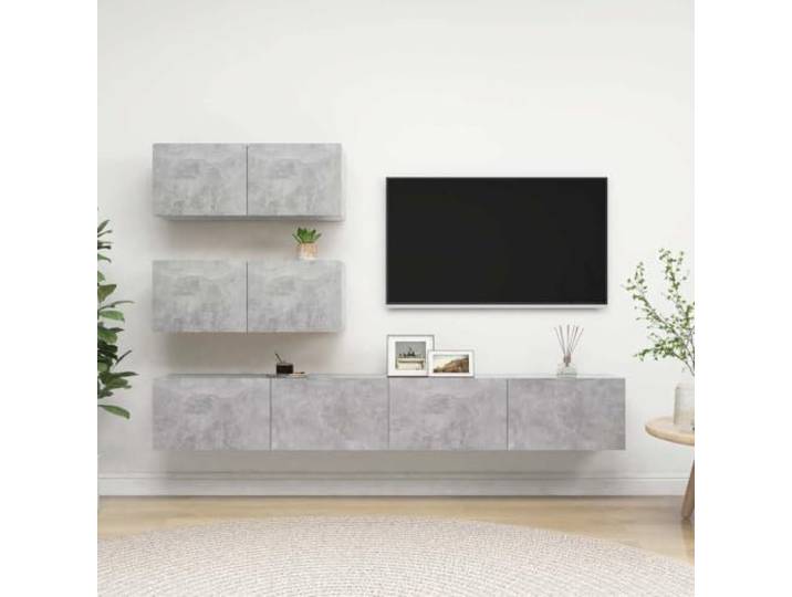 HEFZGDB 4-TLG. TV-Schrank-Set Betongrau Holzwerkstoff Moderner Wandschrank mit Stauraum für Wohnzimmer