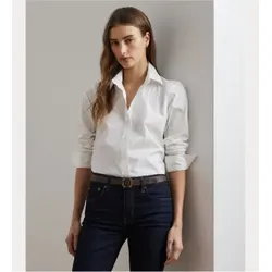 Lauren Ralph Lauren für Damen. 200684553001 Pflegeleichtes Stretch-Hemd weiß (L), Lässig, Baumwolle, Langarm