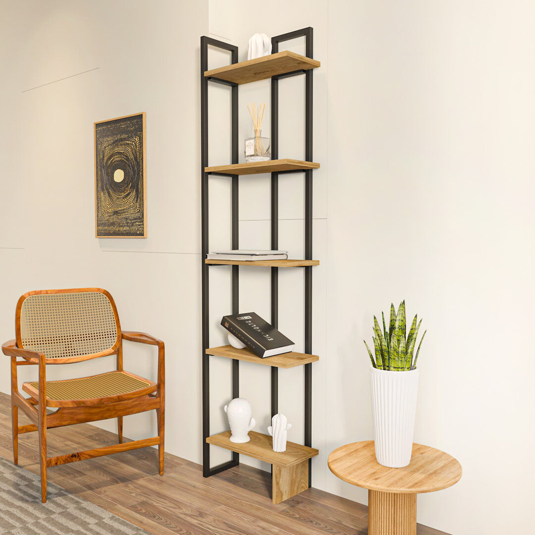 Hashtag Home Alica 180cm H x 45.2cm W Corner Bookcase Black/Oak 180.34cm H X 45.72cm W X 21.59cm D