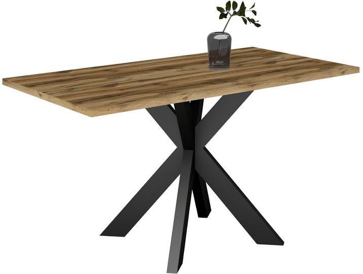 Esstisch MÄUSBACHER Big System Metall , braun (schwarz feinstruktur, plankeneiche, schwarz feinstruktur, plankeneiche), B:140cm H:78cm T:90cm, Tische, Esstisch, Metallgestell in Stern-Form