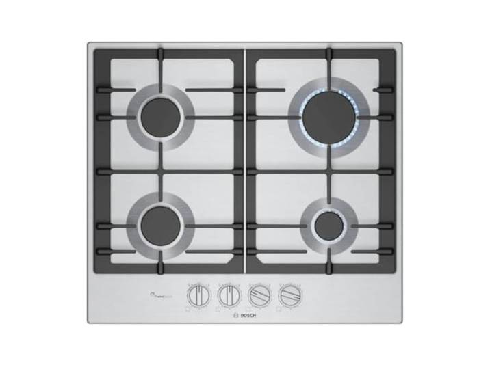 Bosch PCP6A5I90 Serie 6 Gaskochfeld 4-flammig 60 cm Edelstahl Optimized FlameSelect, 2 spülmaschinengeeignete Gusseisen-Pfannenstützen, abnehmbare Metall-Schwert-Zifferblätter
