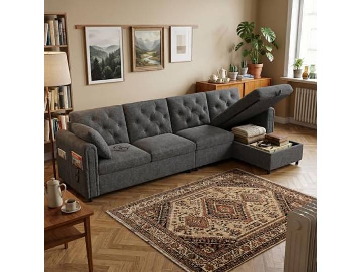 Ecksofa L-Form mit Stauraum & Schlaffunktion, Modulares Samt Sofa Couch Grau, Reversibel (Links/Rechts), Wohnlandschaft mit Seitentaschen & Knopfheftung, 281x132x86 cm, für Wohnzimmer & Gäste Gray